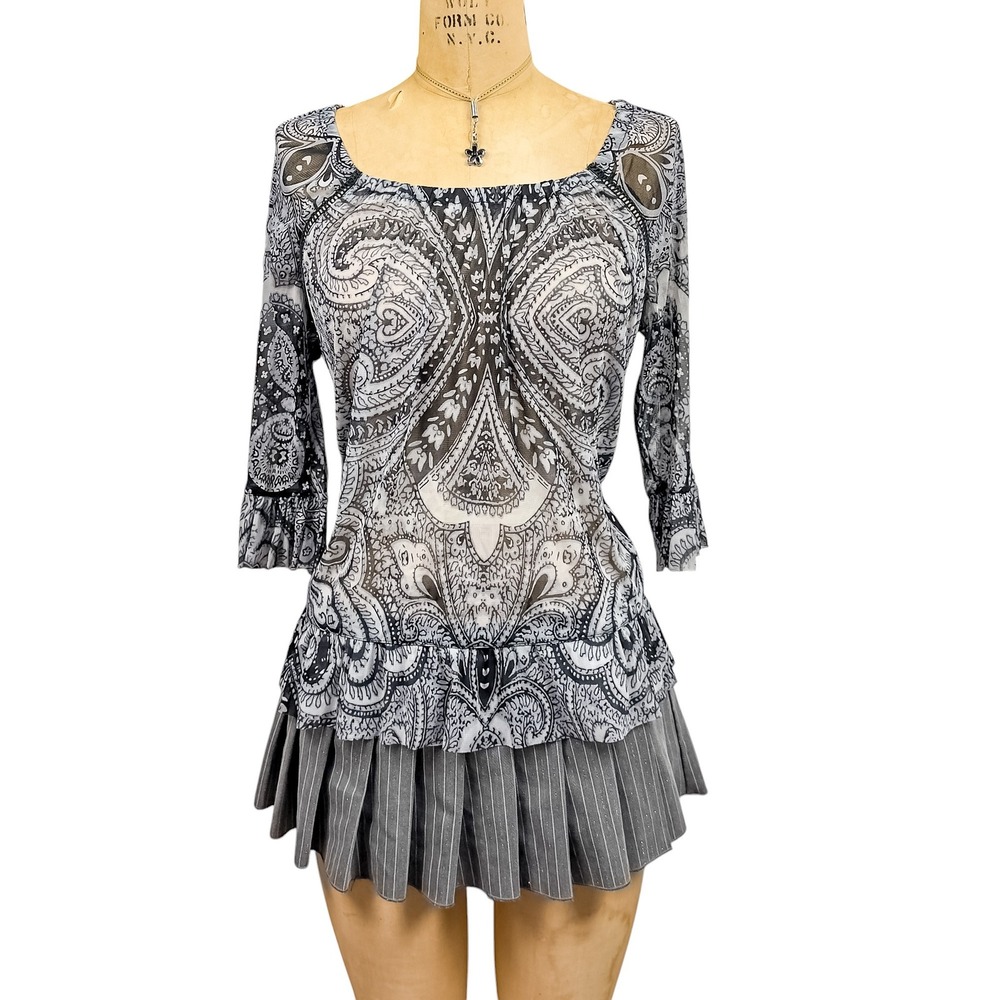 Boho Sheer Paisley Peasant Blouse Ruffle Hem Y2K Dark Fairy Grunge Medium